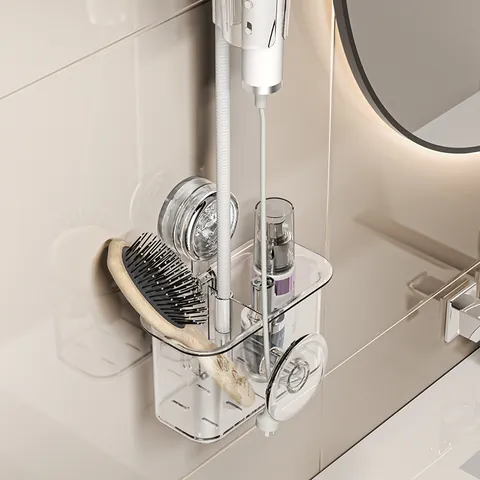 Wandmontierter Haartrockner Halter Mit Vakuum Saugnapf Transparenter Kunststoff Badezimmer Lagerregal Für Föhn Kämme Ohne Bohren