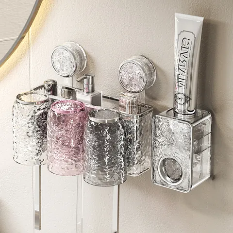 Wall Mounted Toothbrush Holder With Water Ripple Mouthwash Cups Punch Free Suction Cup Bathroom Toothpaste Holder Organizer