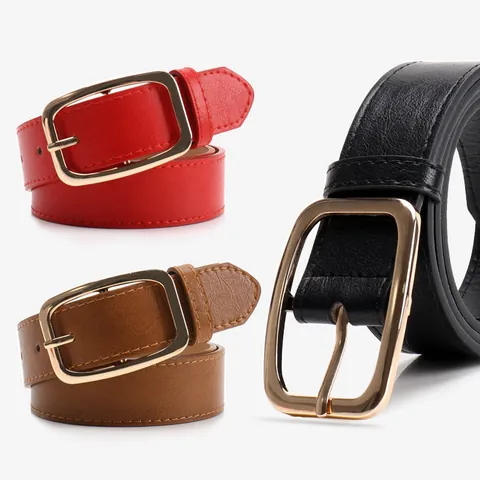 Elegant Women PU Leather Belt Square Golden Alloy Pin Buckle Minimalist Casual Waist Strap For Jeans Dresses Accessories