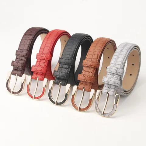 Cintura da Donna in Pelle PU con Motivo a Coccodrillo Vintage e Fibbia in Lega a U Dorata Cintura Casual per Jeans da Lavoro