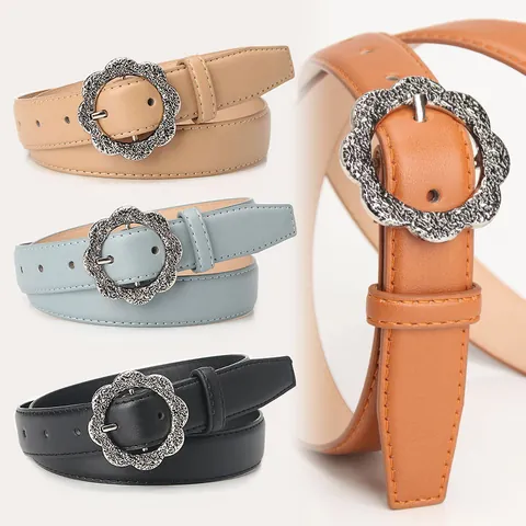 Cintura da Donna Vintage in Pelle PU Con Fibbia ad Ardiglione in Lega a Fiore Cinturino Decorativo per Jeans Abiti Elegante Accessorio di Moda