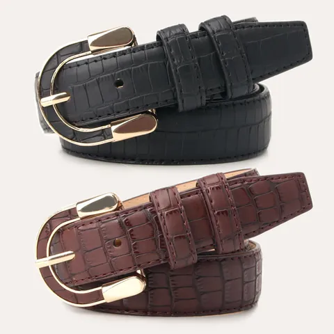 Cintura da Donna in Pelle PU con Motivo a Coccodrillo Vintage e Fibbia in Lega a U Dorata Cintura Casual per Jeans da Lavoro