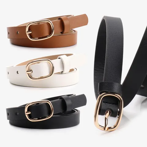 Women Minimalist PU Leather Skinny Belt With Gold Oval Pin Buckle Versatile Thin Decorative Waist Strap For Dress Jeans Elegant Accessories