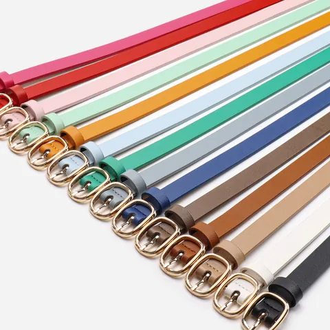 Women Minimalist PU Leather Skinny Belt With Gold Oval Pin Buckle Versatile Thin Decorative Waist Strap For Dress Jeans Elegant Accessories