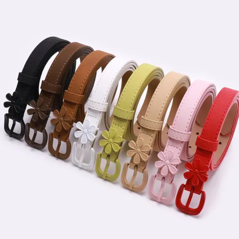 Women's Korean Style Flower Buckle Thin Belt Retro PU Leather Waist Belt For Dresses Pants Adjustable Decorative Skinny Belt