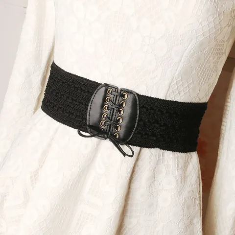 Women Vintage Wide Elastic Lace-up Corset Belt Retro PU Leather Waist Band With Bronze Metal Eyelets Fashion Accessories