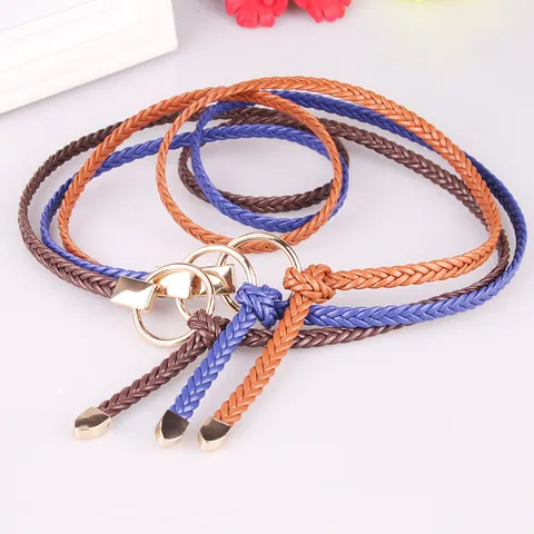 Women Thin Woven PU Leather Belt Casual Hand Braided Waist Strap With Round Alloy Buckle For Dress Fashion Skinny Belt