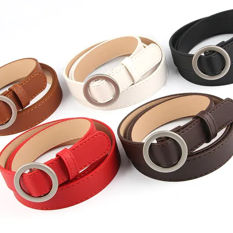 Women Minimalist PU Leather Belt Fashion Simple Round Buckle Holeless Waistband For Jeans Dresses Solid Color Thin Belt