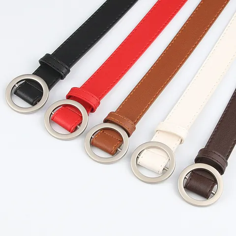 Women Minimalist PU Leather Belt Fashion Simple Round Buckle Holeless Waistband For Jeans Dresses Solid Color Thin Belt