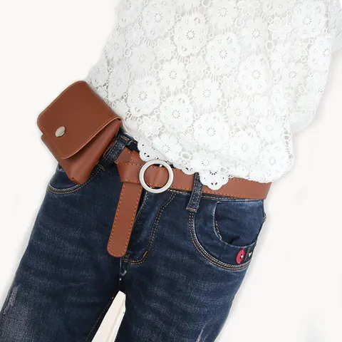 Women Fashion PU Leather Belt With Mini Waist Bag Set Round Metal Buckle Lychee Texture Pouch Casual Decorative Waistband