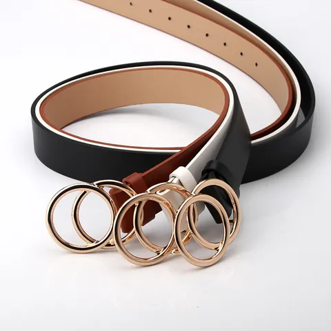 Women PU Leather Belt Gold Double Round Buckle Decorative Waistband For Dresses Minimalist Casual Lady Fashion Accessory