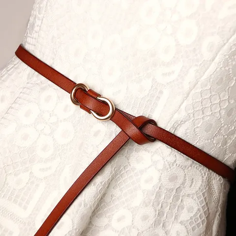 Women's Thin Split Cowhide Leather Belt Minimalist Gold Double Ring Alloy Buckle Adjustable Knotted Waist Strap For Dress