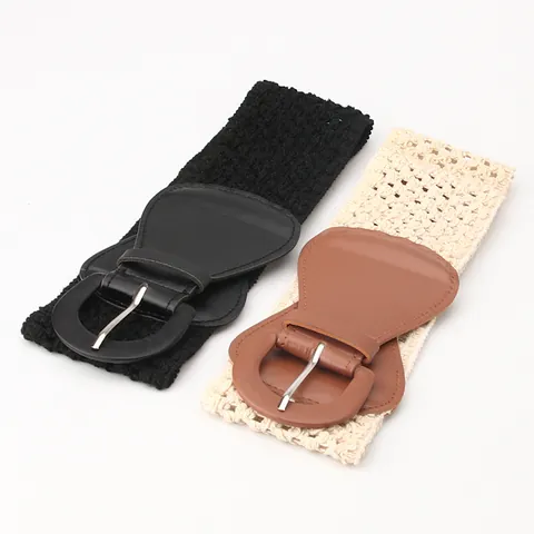 Women Fashion Wide Elastic Waist Seal Belt Hollow Braided PU Leather Pin Buckle Retro Waistband For Dresses Accessories