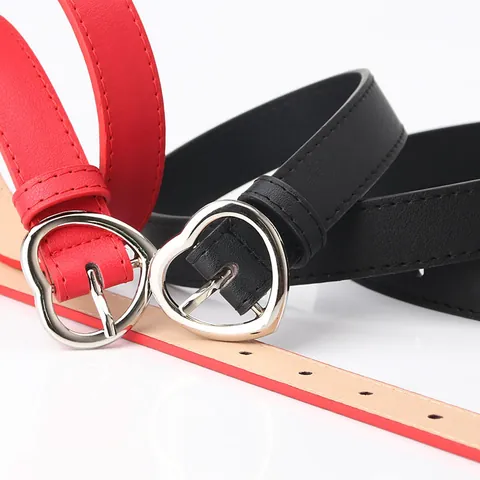 Women Heart Buckle PU Leather Thin Belt Simple Adjustable Fashion Waistband For Jeans Dress Decorative Accessory