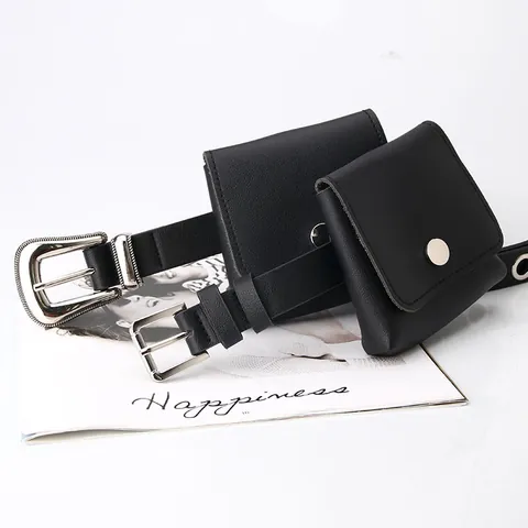 Cintura in Pelle PU Donna Con Mini Marsupio Rimovibile Stile Punk Hip Hop Cintura Decorativa a Catena per Pantaloni Donna