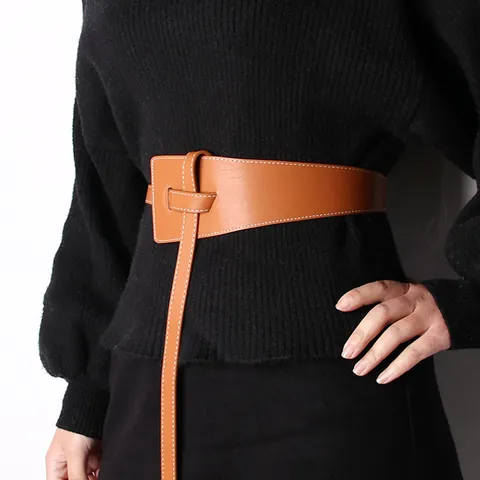 Women Wide Belt Faux Leather Knotted Corset Waistband Contrast Stitching Elegant Fashion Decorative Cinch Belt For Dress Coat Ladies