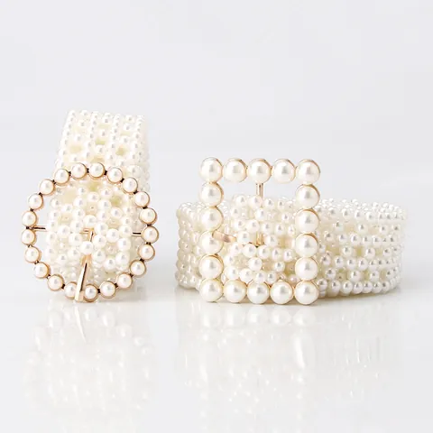 Women Elegant Imitation Pearl Woven Belt Waist Chain Gold Alloy Square Round Pin Buckle Dress Fashion Accessory Gift