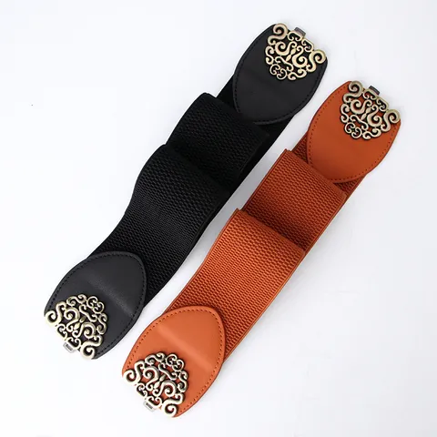 Women Vintage Wide Elastic Waist Belt With Hollow Out Alloy Buckle Synthetic Leather Cinch Belt For Dresses Fashion Accessories