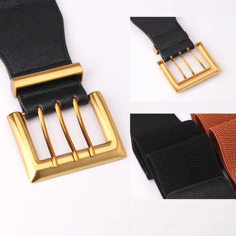 Women Wide Elastic Waist Belt With Large Metal Pin Buckle Fashion Faux Leather Stretchy Cinch Belt For Dresses Coats