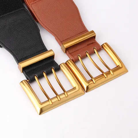 Women Wide Elastic Waist Belt With Large Metal Pin Buckle Fashion Faux Leather Stretchy Cinch Belt For Dresses Coats