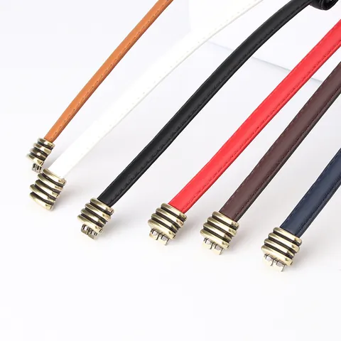Women's Fashion Thin Adjustable PU Leather Belt With Vintage Gold Alloy Slide Buckle Elegant Solid Color Waist Strap For Dresses Suits Commuting Decor