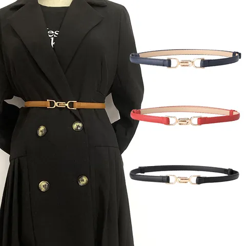 Women Fashion Skinny PU Leather Belt With Gold Alloy Interlocking Buckle Elegant Waist Strap For Dress Coat Decoration