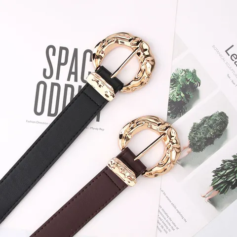 Women Fashion PU Leather Belt With Irregular Hammered Gold Buckle Vintage Casual Decorative Waist Belt For Jeans Dresses