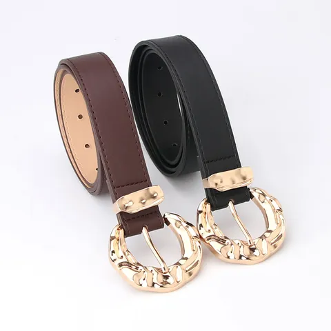 Women Fashion PU Leather Belt With Irregular Hammered Gold Buckle Vintage Casual Decorative Waist Belt For Jeans Dresses