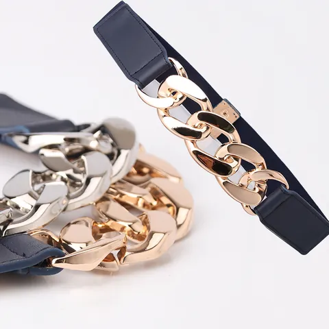 Women Fashion Elastic Waist Belt With Exaggerated Metal Chain Buckle Wide Stretch Waistband For Dresses Accessories