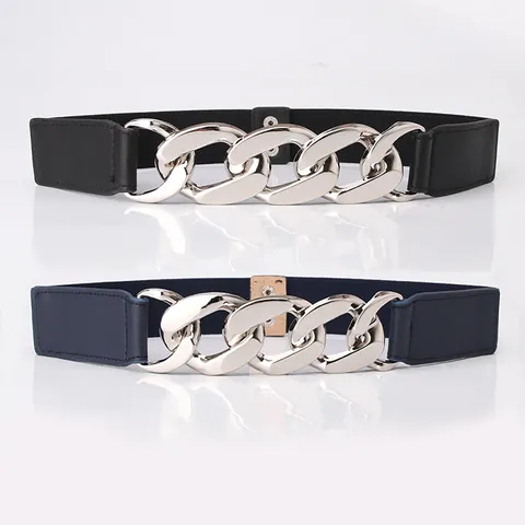Women Fashion Elastic Waist Belt With Exaggerated Metal Chain Buckle Wide Stretch Waistband For Dresses Accessories