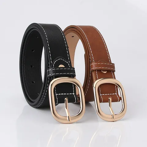 Women Fashion PU Leather Belt With Gold Oval Alloy Pin Buckle Contrast Stitching Casual Decorative Waist Belt For Jeans Dresses