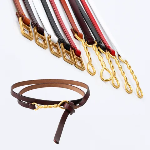 Women Vintage Split Cowhide Leather Thin Belt Holeless Adjustable Knotted Waist Strap With Alloy Buckle For Dress Decor