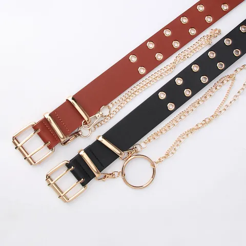 Punk Double Grommet PU Leather Belt For Women With Detachable Metal Chain Streetwear Hip Hop Fashion Waist Belt