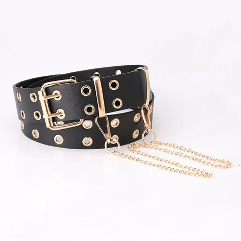 Punk Double Grommet PU Leather Belt For Women With Detachable Metal Chain Streetwear Hip Hop Fashion Waist Belt