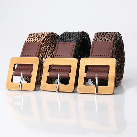 Damen Vintage Geflochtener Gürtel Mit Quadratischer Holzschnalle Bohemian Casual Gewebter Bund Für Kleider Dekoratives Accessoire