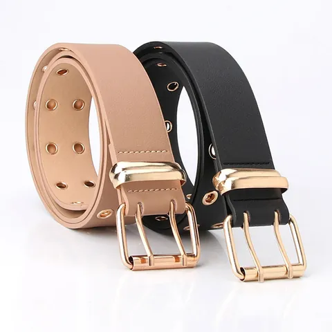 Women's Fashion Double Row Eyelet Belt PU Leather Waistband With Gold Double Pin Buckle For Dress Jeans Punk Style