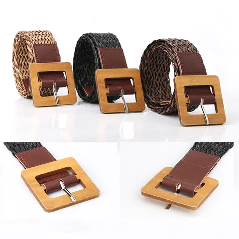 Damen Vintage Geflochtener Gürtel Mit Quadratischer Holzschnalle Bohemian Casual Gewebter Bund Für Kleider Dekoratives Accessoire
