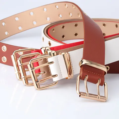 Women's Fashion Double Row Eyelet Belt PU Leather Waistband With Gold Double Pin Buckle For Dress Jeans Punk Style