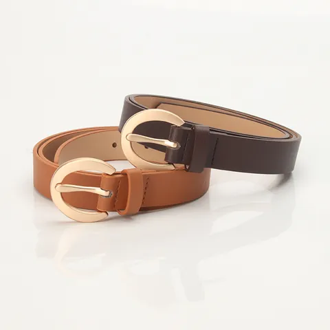Women Fashion Minimalist PU Leather Belt With Round Gold Alloy Pin Buckle Versatile Thin Waist Belt For Dresses Coats Accessories