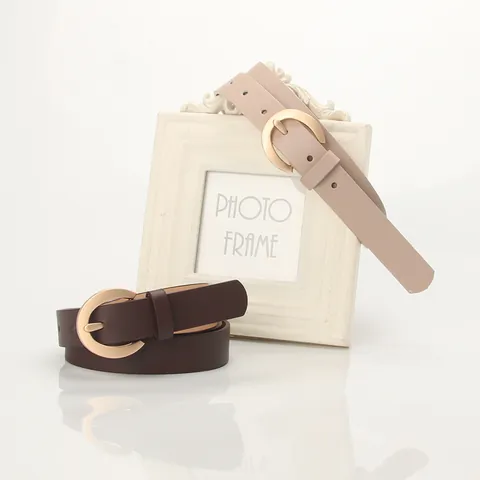 Women Fashion Minimalist PU Leather Belt With Round Gold Alloy Pin Buckle Versatile Thin Waist Belt For Dresses Coats Accessories