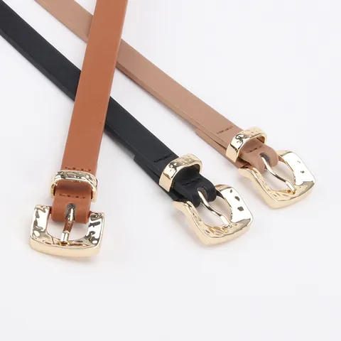 Women's Thin PU Leather Belt With Gold Hammered Alloy Buckle Minimalist Elegant Waist Strap For Dresses Jeans Fashion Accessories