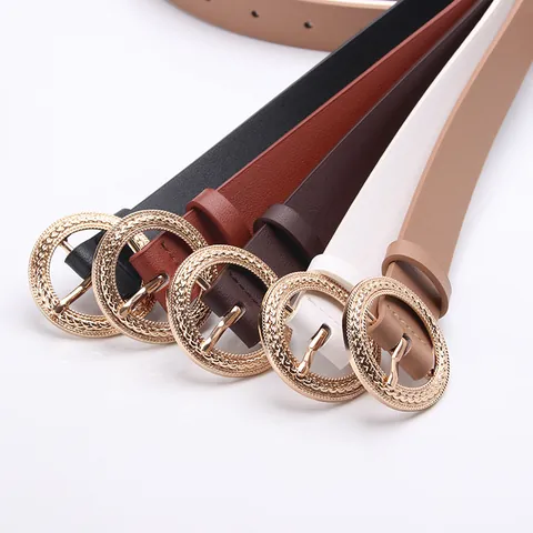Women PU Leather Thin Belt With Round Texture Alloy Buckle Fashion Versatile Waistband For Dresses Jeans Casual Ladies Belt
