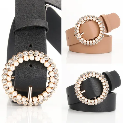 Women's Elegant PU Leather Belt With Pearl Rhinestone Round Buckle Decorative Waist Strap For Dress Fashion Accessories