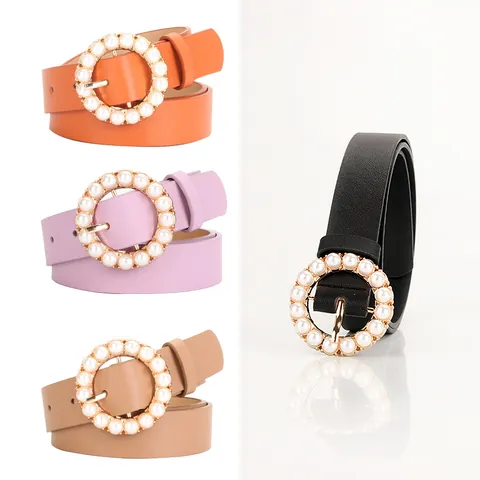 Elegant Women Faux Leather Belt Circular Pearl Pin Buckle Solid Color Fashion Waistband For Dress Jeans High Quality Accessory