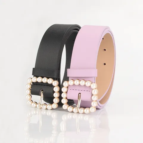 Elegant Women PU Leather Belt With Square Artificial Pearl Inlaid Pin Buckle Fashion Versatile Waistband For Dress Jeans Ladies Accessory