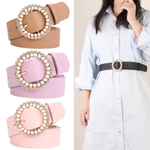 Women's Elegant PU Leather Belt With Pearl Rhinestone Round Buckle Decorative Waist Strap For Dress Fashion Accessories