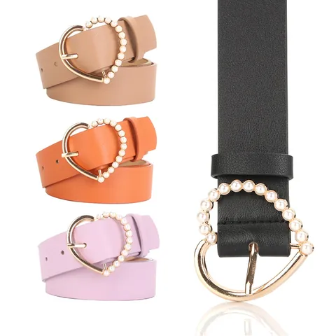 Sweet Elegant Women's PU Leather Belt Heart Shaped Gold Buckle With Faux Pearl Fashion Decorative Belt For Dresses