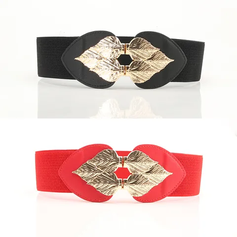 Women's Fashion Elastic Waist Belt With Gold Leaf Shape Alloy Buckle Stretchy Wide Cinch Belt For Dresses Overcoats Versatile Waist Seal Accessory
