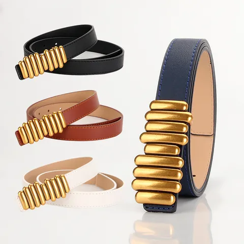 Fashion Minimalist Women PU Leather Belt With Alloy Metal Ribbed Buckle Vintage Decorative Waist Belt For Dresses Pants