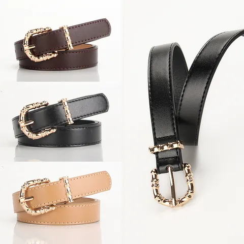 Damen Mode Kunstleder Gürtel Vintage Bambus Stil Gold Metall Dornschließe Eleganter Schmaler Taillengürtel Für Jeans Kleider Lässig